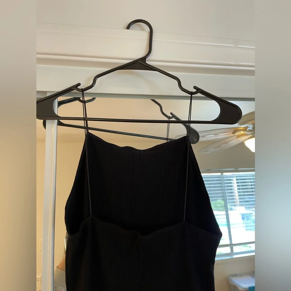 Sleek Sexy Reformation Black Ribbed fitted Midi Dress with thin spaghetti straps - Picture 11 of 15